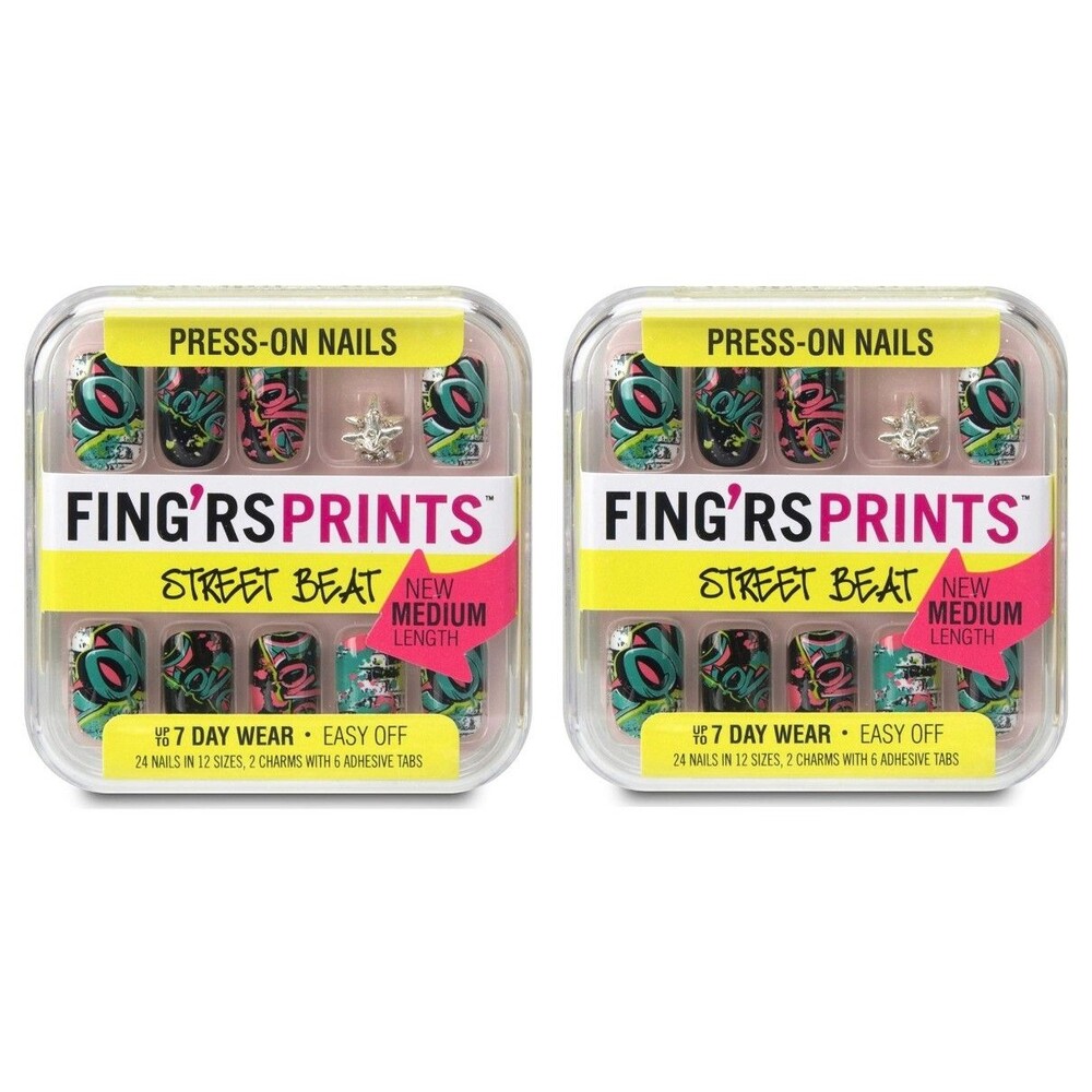 Lot of 2 Fingrs Fing'rsprints Pre-Glued Nails, Street Beat Block Party, 24ct Ea